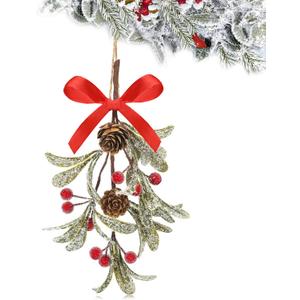 Giegxin 1 Piece Christmas Artificial Mistletoe Ornament with Red Bow Christmas Hanging Mistletoe Decoration Bouquet Floral Natural Pine Cones Holiday Decoration Ornament Bouquet (Stylish Style)