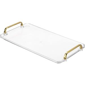 PATIKIL 16.1 x 8.7 Inches Plastic Serving Tray with Golden Handles, Reusable Tray Rectangular Party Platters for Dessert Coffee Tea Table, Living Room Kitchen Countertop, Transparent