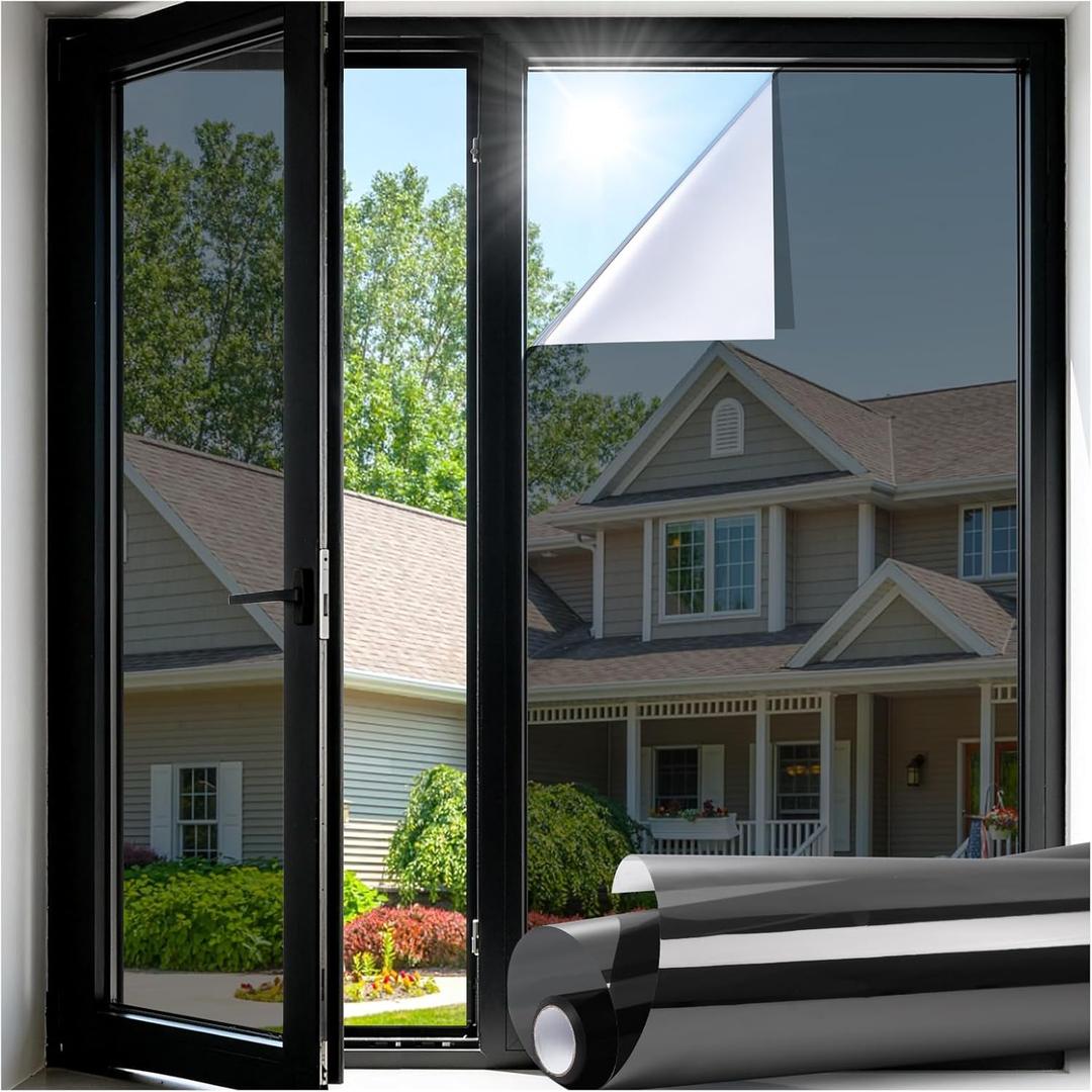 LUTE One Way Window Privacy Film, Window Tint for Home, Sun Blocking UV Heat Blocker, See Out Not in Reflective Mirror Film, Removable Static Cling Glass Door Cover, Black Silver, 35.4" x 118.1"