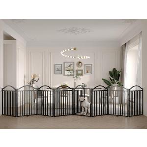 BHG Metal No-Assembly Freestanding Dog Gate with Door Walk Through, Extra Wide 96", Extra Tall 32" Pet Gate, Accordion Puppy Folding Playpen Dog Fence, with 2PCS Support (Black, 8 Panels) BHG Metal No-Assembly Freestanding Dog Gate with Door Walk Through, Extra Wide 96", Extra Tall 32" Pet Gate, Accordion Puppy Folding Playpen Dog Fence, with 2PCS Support (Black, 8 Panels)