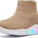 MORENDL Toddler Light Up Walking Shoes Baby Non-Slip Sock Shoes Toddler Slip On Sneakers Boys & Girls (Beige)