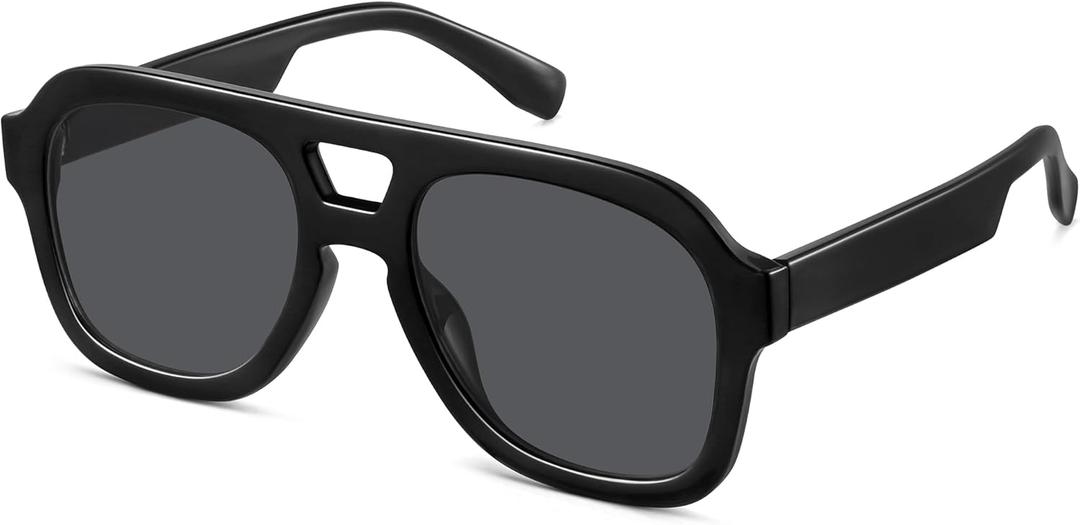 Oversized Flat Top Sunglasses for Women Men, Retro 70s Chunky Aviator Style with Double Bridge, Trendy Square Shades (Black Frame - Grey Lens)