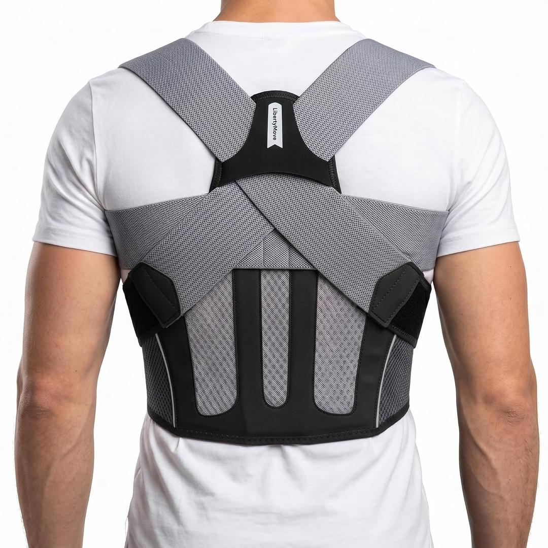 Posture Corrector for Men, Adjustable Upper Back Brace with Breathable Mesh Back, 4 Flexible Support Stays & Underarm Fit Adjustment, Back Straightener Helps Reduce Slouching Strain for Desk Work, Sitting, Reading & Posture Training
