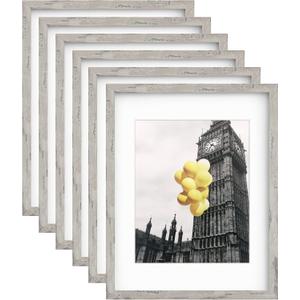 Picture Frames 11x14 Set of 6, Distressed Grey Photo Frame, Display Pictures 8x10 with Mat or 11x14 Without Mat, Washed Farmhouse Frame