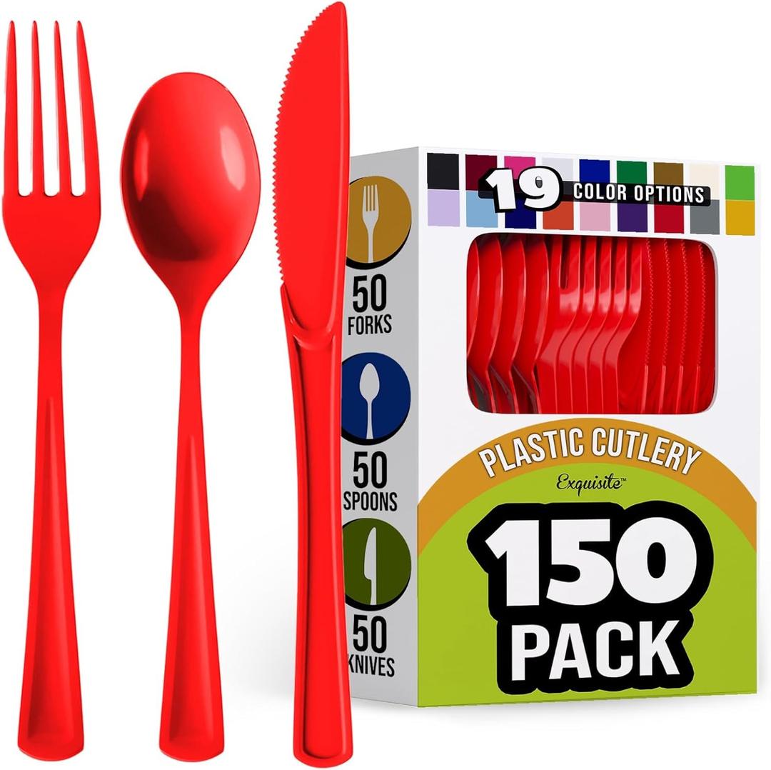 Red Plastic Silverware Heavy Duty 150 Pcs Red Plastic Cutlery Sets, Utensil Sets, 50 Of Each Forks, Knives & Spoons Disposable Cutlery Set, Flatware Set For Party Supplies Party Solids