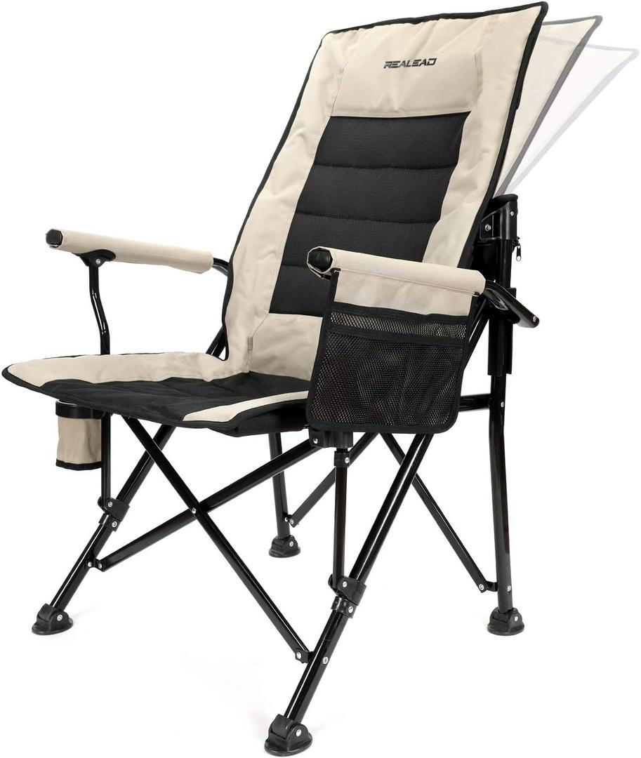 REALEAD Heated Camping Chairs - Fully Padded - Heavy Duty Folding Chairs for Outside, Supports 400 lbs, Portable Outdoor Camp Chairs for Sport Events, Concert, Beach (Beige)