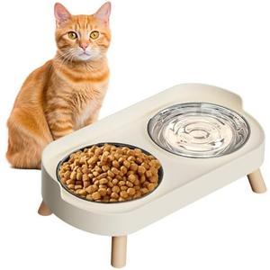 Elevated Cat Bowl, Raised Cat Food and Water Bowl Set for Indoor Cats, Splash Proof with 2 Stainless Steel Pet Food Bowls for Cats and Puppies, Whisker Fatigue and Dishwasher Safe - White