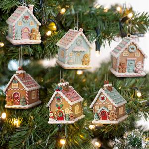 Thyle 24 Pcs Pastel Gingerbread House Ornaments for Christmas Tree Wooden Christmas Hanging Gingerbread Candy House Decoration for Xmas Tree Holiday Crafts Party Favor Gifts Holiday Decor