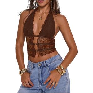 Verdusa Women's Y2k Goth Lace Tops Croset Sheer Halter Top Rave Going Out Outfits Sexy Camisole (Brown, X-Small)