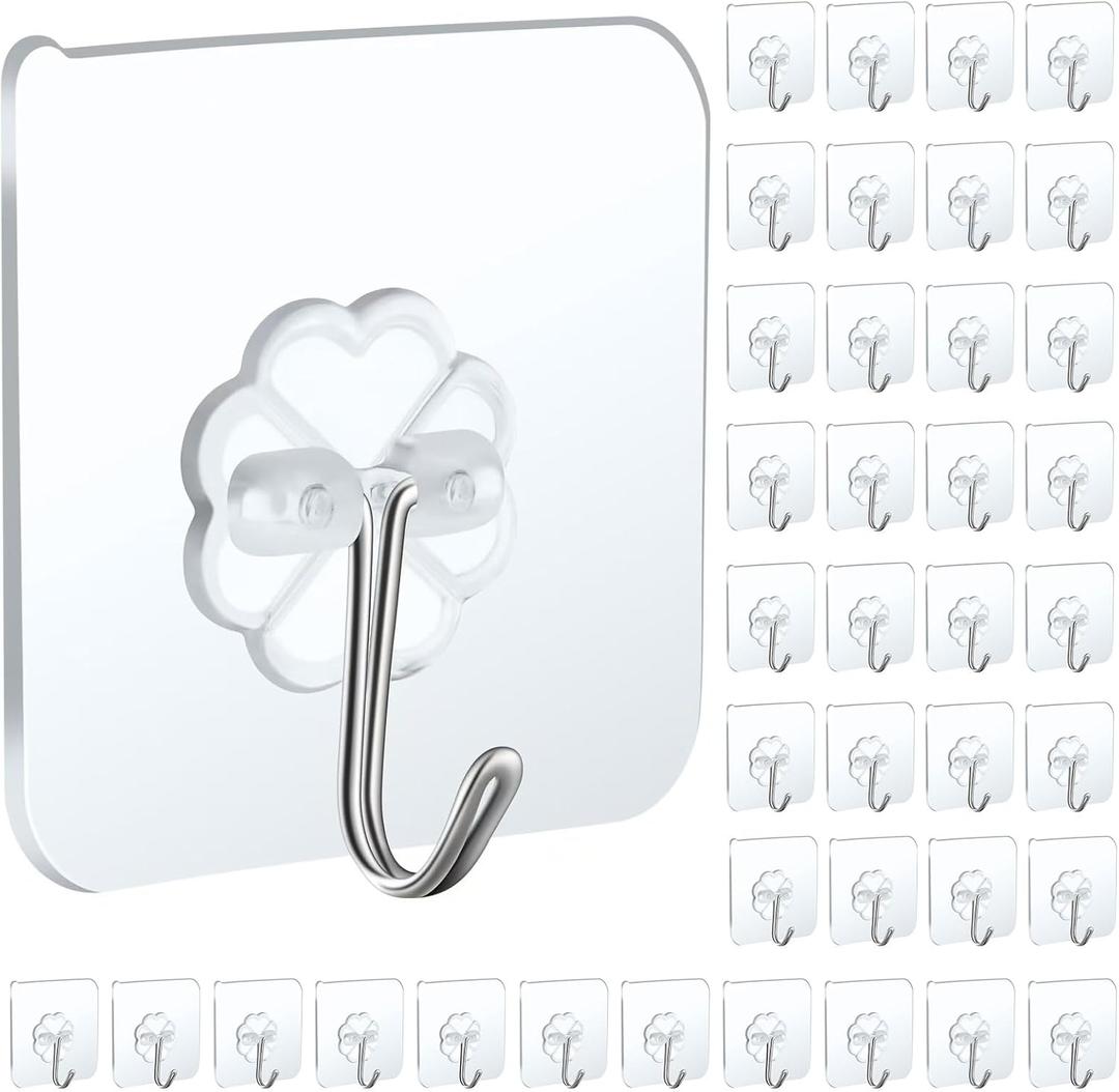 40 Packs Self Adhesive Wall Hooks Heavy Duty 22lb(Max), Waterproof Transparent Wall Hooks for Hanging Wall Hangers Sticky Hooks for Door Bathroom Shower Kitchen Outdoor Utility Hooks Hanger