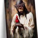 Jesus and Cardinal Canvas Wall Art Jesus with Cardinalis Painting Decor Picture Christian God Red Birds Posters Prints for Dining Living Prayer Room Kitchen Church Wall Bedroom Decoration (24"L x 16"W)