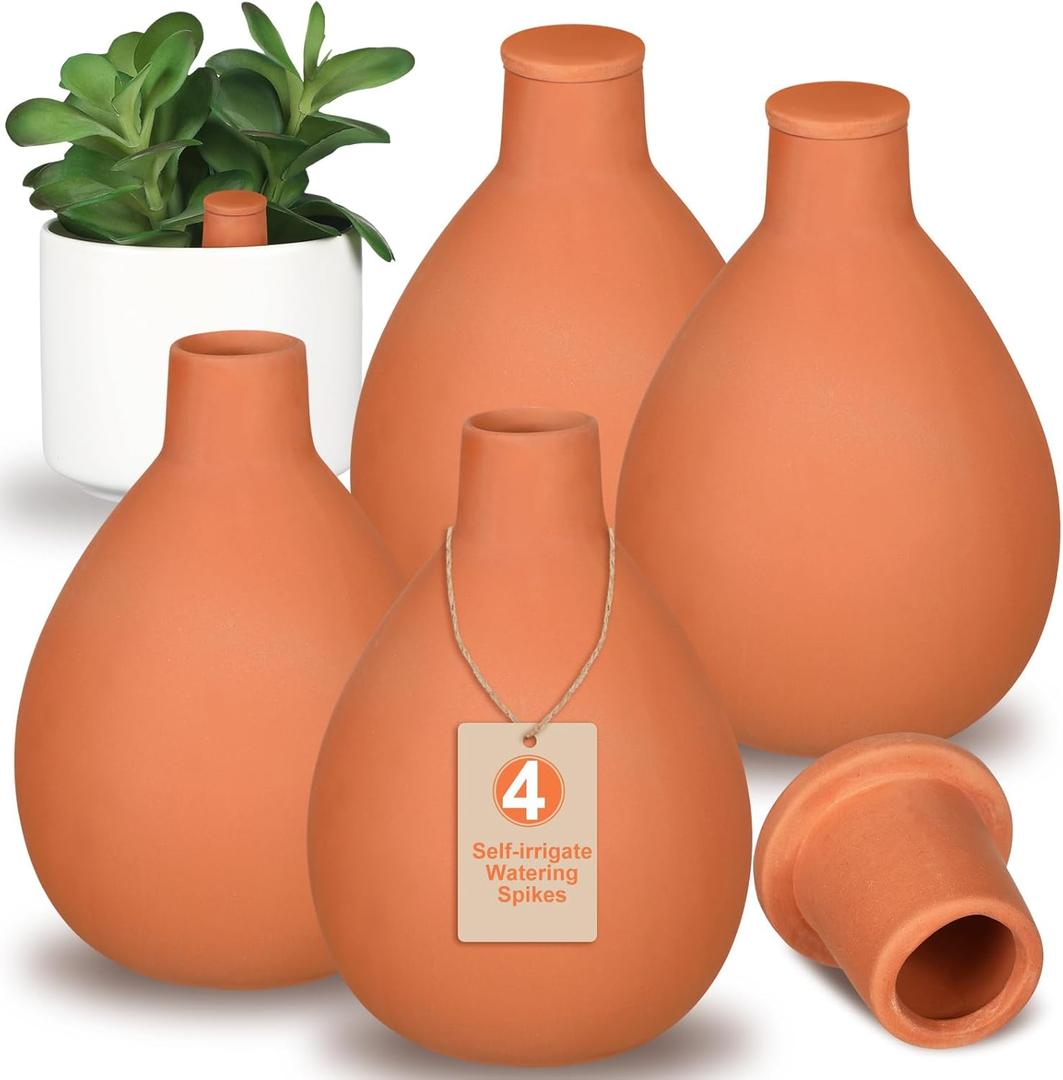 4 Pcs Watering Pots Large Terracotta Watering Pots with Lid 34 oz Terra Cotta Self Watering Pots Water Dripper Automatic Plant Irrigation Devices System for Indoor Outdoor Plants