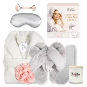 Birthday Gifts for Women,Spa Robe and Slippers Set, Bathrobe With Silky Satin Sleep Mask, Scented Candle Self Care 7 Pack Suitable for Christmas Thanksgiven Day Grey