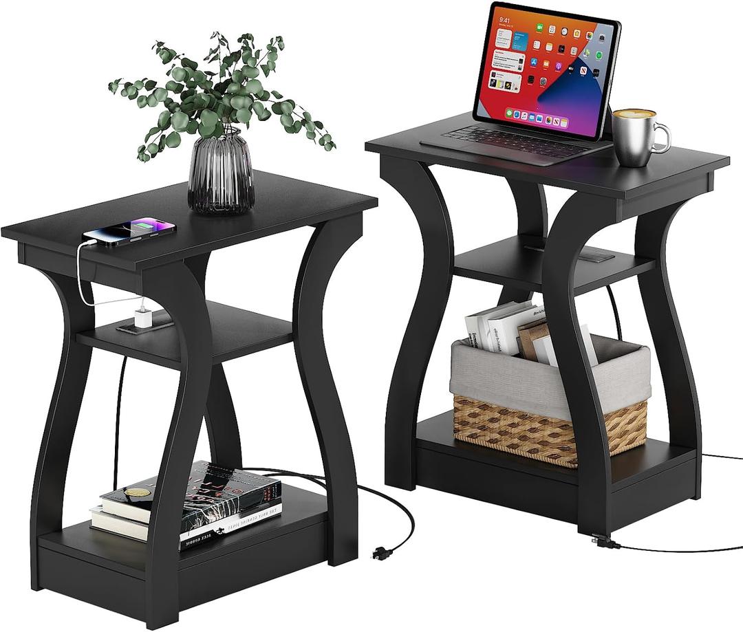 End Tables Living Room Set of 2 with Charging Station, Black, 11.81"D x 19.68"W x 23.62"H