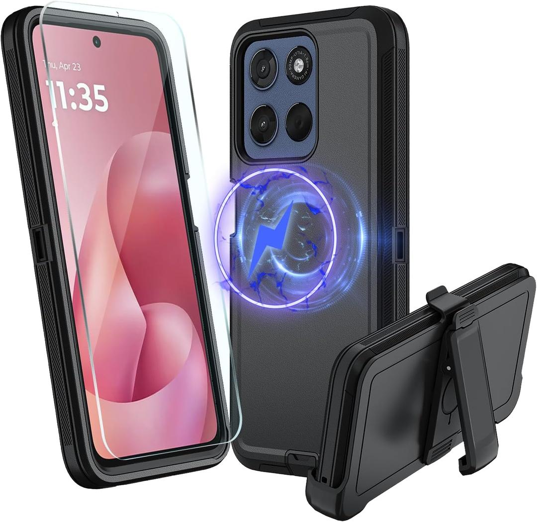 for Motorola Moto G 5G 2026 Case, Moto G Play 5G 2026 Heavy Duty case, [Glass Screen Protector] [Military Grade Protective ] [Shockproof] [Dropproof] [Dust-Proof] (with Belt Clip,MAG- Black)