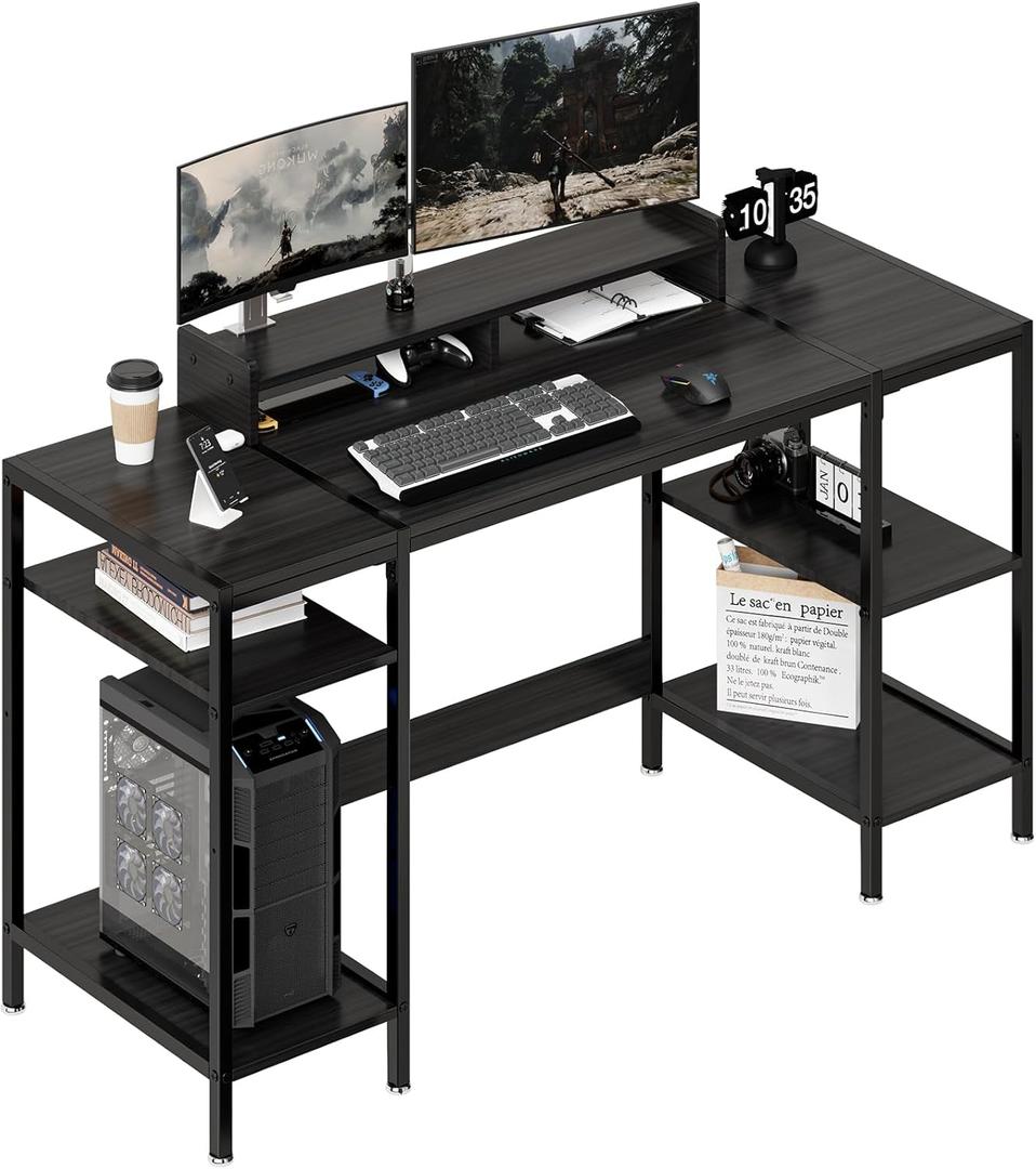Gaming Home Office Computer Desk with Monitor Stand,Black Writing Desk for 2 Monitors, Adjustable Storage Space (55inches)