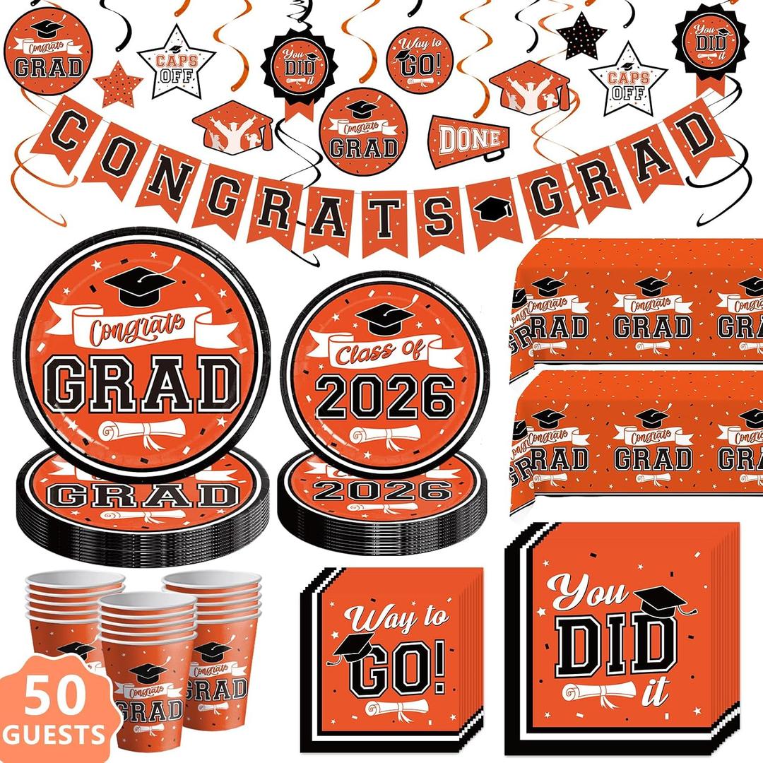 DAZONGE 2026 Orange Graduation Decorations, 265pcs Disposable Graduation Decorations, Class of 2026 Grad Party Supplies for 50 Guests, Tableware Set, Congrats Grad Banner and Hanging Swirls