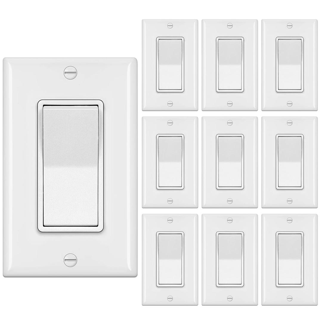 BESTTEN 10 Pack 4-Way Decorator Wall Light Switch with Wall Plate, 15A 120/277V, On/Off Paddle Rocker Interrupter, Self-Grounding, UL Listed, White