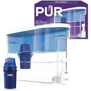 PUR 30-Cup Water Filter Dispenser with 1 Genuine PUR Filter, Large 30-Cup Capacity, 2-in-1 Powerful, Faster Filtration, Lasts 2 Months or 40 Gallons, Dishwasher Safe, White/Blue (DS1800Z)