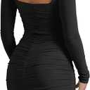 Mokoru Women's Sexy Ruched Bodycon Square Neck Long Sleeve Tight Party Mini Dress
 (X-Small, Black)