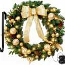 24 Inch Christmas Wreath for Front Door with Lights, Battery Operated Gold Pre-lit Xmas Wreath with Golden Ball Pine Cones Ornaments for Christmas Winter Window Outdoor Decor