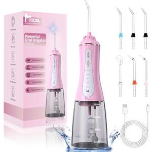 Water Dental Flosser for Teeth - 350ML Large Tank 5 Modes & 6 Tips Cordless, Oral Irrigator Waterproof, Portable Teeth Cleaning and Flossing with Effective Plaque Remover for Adults (Pink)