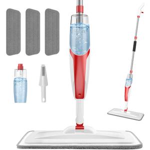 nacena Spray Mop for Floor Cleaning, Dust Mop with 420 ml Refillable Bottle and 3 Pcs Washable Pads Dry Wet Floor Mop for Household or Commercial Use for Hardwood Laminate Tile Ceramic, Red&White