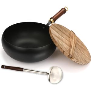 Suntuup Japanese Iron Pan, Uncoated Iron Pan, 11 Inch Suntuup japanese iron frying pan Non-Stick IronPan for Cooker Gas Stir Fry Pans with Lid Spatula Durable and Rust-Free (Wooden Lid, 11.02in)