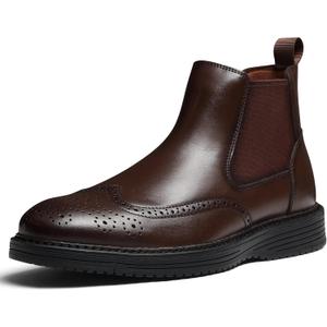 Chelsea Boots Men Genuine Leather Casual Dress Boots Comfortable Classic Brogue Wingtip Slip On Ankle Chukka Boots for Office Casual Travel (Brown, 9)