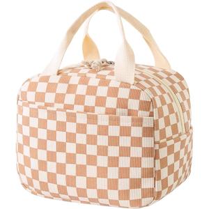 Corduroy Lunch Bag for Women Men Cute Lunch Tote Bags Reusable Insulated Lunch Box Large Capacity Reusable Insulated Cooler for Work/Picnic/Travel (Corduroy Checkered Brown)