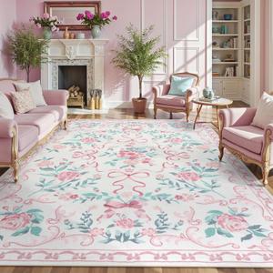 Collive Pink 8X10 Rugs for Living Room, 8x10 Bow and Floral Washable Area Rug Non Slip, Soft Boho Indoor Decor Elegant Carpet for Bedroom Kids Room Nursery Dining Room