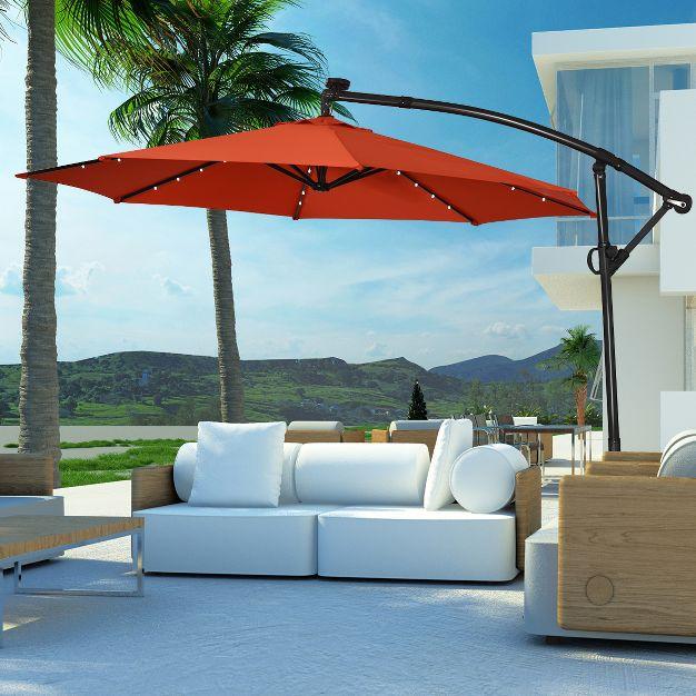 10FT Patio Offset Umbrella Solar Powered LED 360degrees Rotation Aluminum Orange