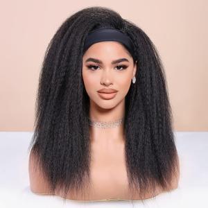 WIGNEE 18 Inches Kinky Straight Headband Wig for Women Yaki Straight Wigs with Black Headband Kinky Afro Wigs For Black Women (1B, 18 Inch)