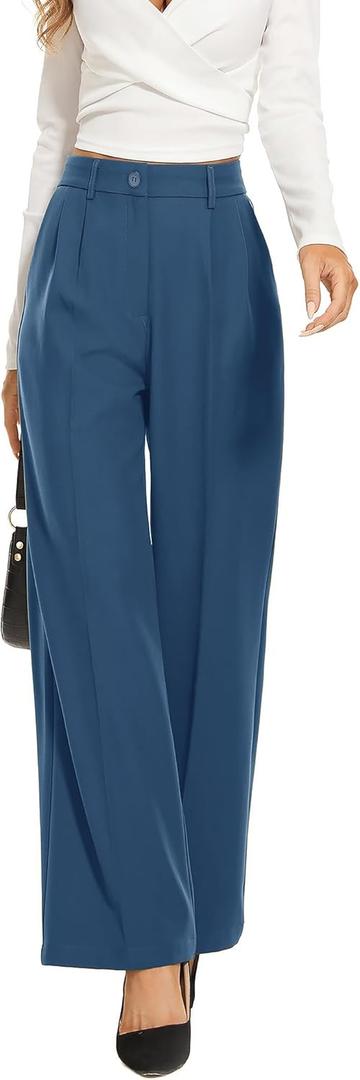 FUNYYZO Wide Leg Pants Women's High Elastic Waisted in The Back Business Work Trousers Long Straight Suit Pants (X-Large Short, 006# Denim Blue (Thick))