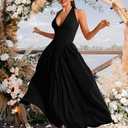 ChiaoLezhee Deep V Neck Dress, Halter Maxi Dresses, Vacation Date Night, Sexy for Women Corset Flowy Wedding Guest Drop Waist (Black). S Size