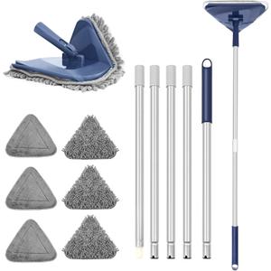 Wall Cleaner Mop with 82" Handle, 360 Rotating Triangle Head and Microfiber Pads, Built-in Squeegee for Ceiling Mop, Baseboard Cleaning and Windows (Blue)
