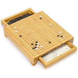Bamboo Go Game Set  12.6 x 12.2-Inch Wooden Board with Pull-Out Storage Drawers & Double Convex Melamine Stones  Full-Size Baduk/Weiqi Strategy Game by Yellow Mountain Imports