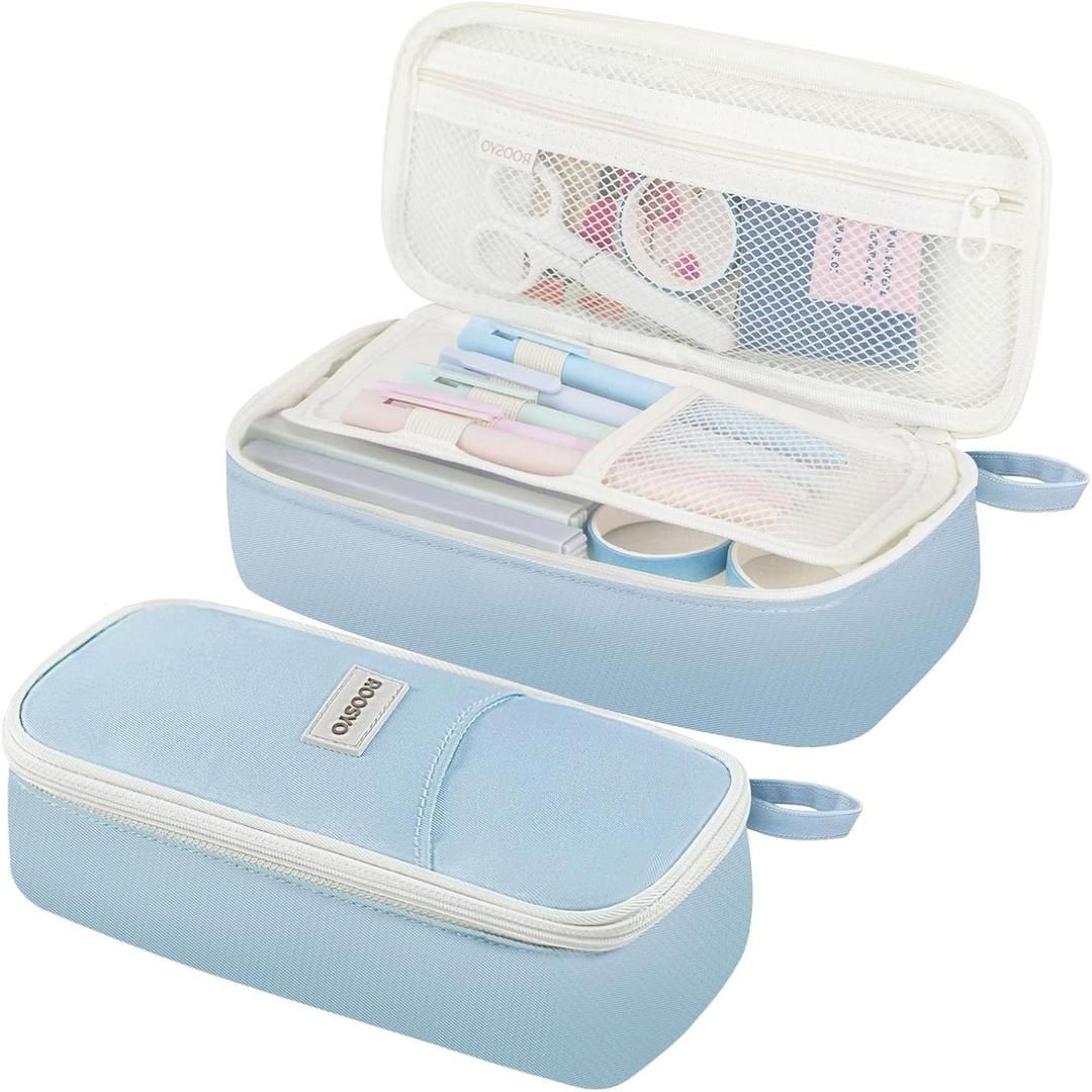 3 x Aesthetic Pencil Case Pouch with Zipper  Large Capacity Organizer Bag for School Supplies, Pens, Pencils, Markers  Cute Small Storage Box for Kids, Girls, Teens & College, Blue
