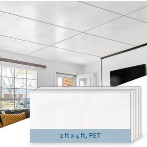SUNWINGS 10-Pack Drop Ceiling Tiles, 24" x 48" White PET Decorative Ceiling Tile, 2ft x 4ft PET Waterproof Fire-Rated Covering Panels for Kitchen Bathroom Basement, Cover 80 Sq. Ft.