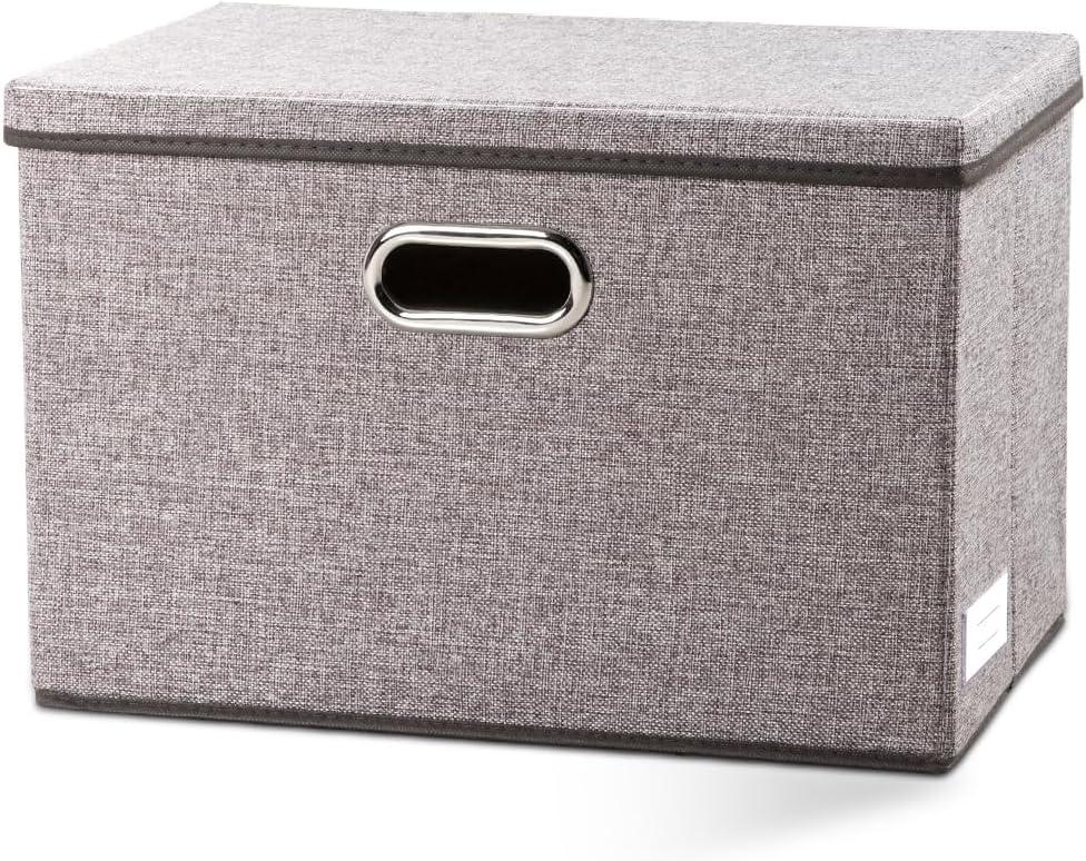 PRANDOM Large Foldable Storage Bin with Lid [1-Pack] Linen Fabric Decorative Storage Box Organizer Containers Basket Cube with Handles Divider for Bedroom Closet Office Living Room (17.7x11.8x11.8) (Gray)