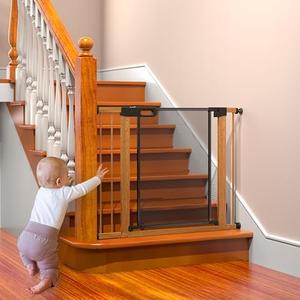 Metal Mesh Baby Gate with Wood Pattern, 40.6-46'' Extra Wide Easy Install Pressure Mounted Dog Gate for Stairs Bedroom Auto Close Pet Gate for Doorways