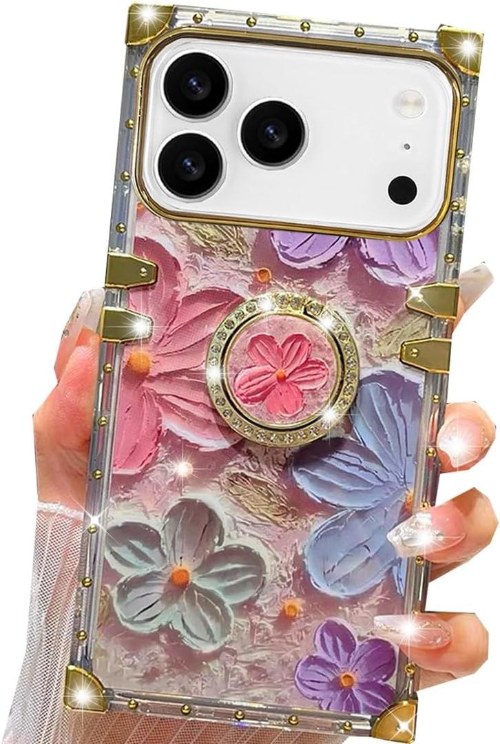 for iPhone 17 Pro Max Glitter Floral Case,Cute Colorful Retro Oil Painting Printed Flower with Bling Sparkly Ring Kickstand Protective Case for Girls Women for iPhone 17 Pro Max 6.9",Colorful