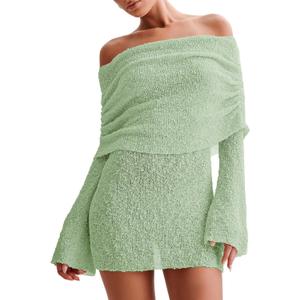 Women's Off Shoulder Cover Ups Summer Beach Swimsuit Long Bell Sleeve Sheer Dress Bathing Suit Coverup (Green, XXL)