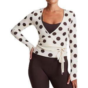 Women Cross Wrap Top Polka Dot Long Sleeve Deep V Neck Tie Workout Ballet Blouse Pilates Yoga Shirt XL