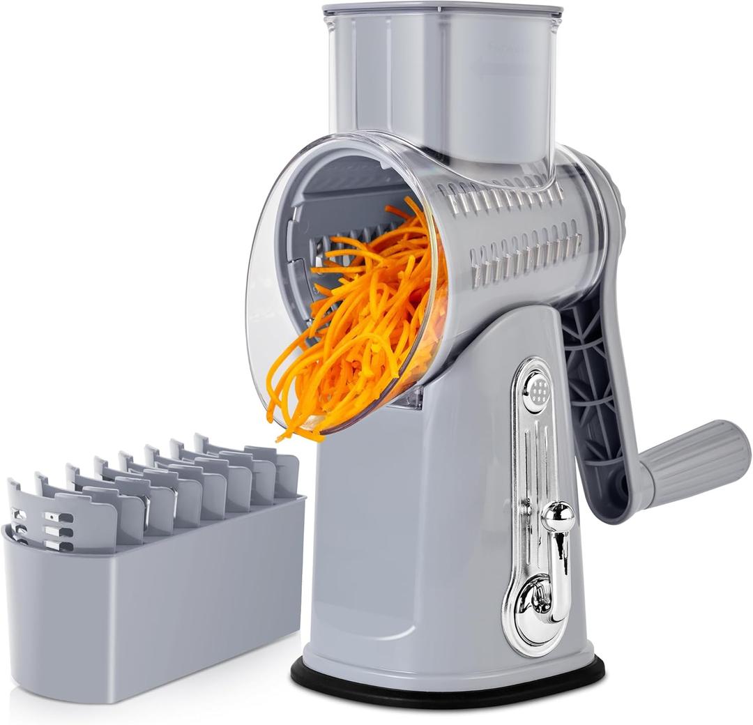 SUSTEAS Rotary Cheese Grater with Handle - Vegetable Shredder with 5 Well-designed Blades & Strong Suction Base,Round Mandoline Slicer & Food Chopper for Kitchen,with Blade Storage Box(Gray)