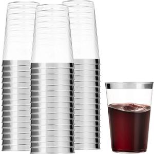 100 Silver Plastic Cups 12 Oz Clear Plastic Cups Tumblers Silver Rimmed Cups Fancy Disposable Wedding Cups Elegant Party Cups with Silver Rim