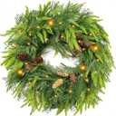 24 Inch Large Christmas Wreath with 50 LEDs Lights Timer 8 Modes, Thick & Soft Norfolk Pine Cypress Tips Pinecone Real Feel Artificial Wreath for Front Door Window Mantel Wall Xmas Home Décor