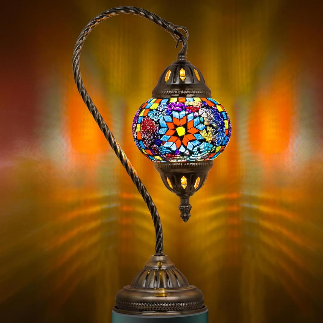 Marrakech Tiffany Style Stained Glass Table Lamp, Handmade Turkish Moroccan Mosaic Glass Lamp with Swan Neck Bronze Base, LED Bulb Included, Vintage Beside Lamp for Bedroom Decoration (Colorful1)