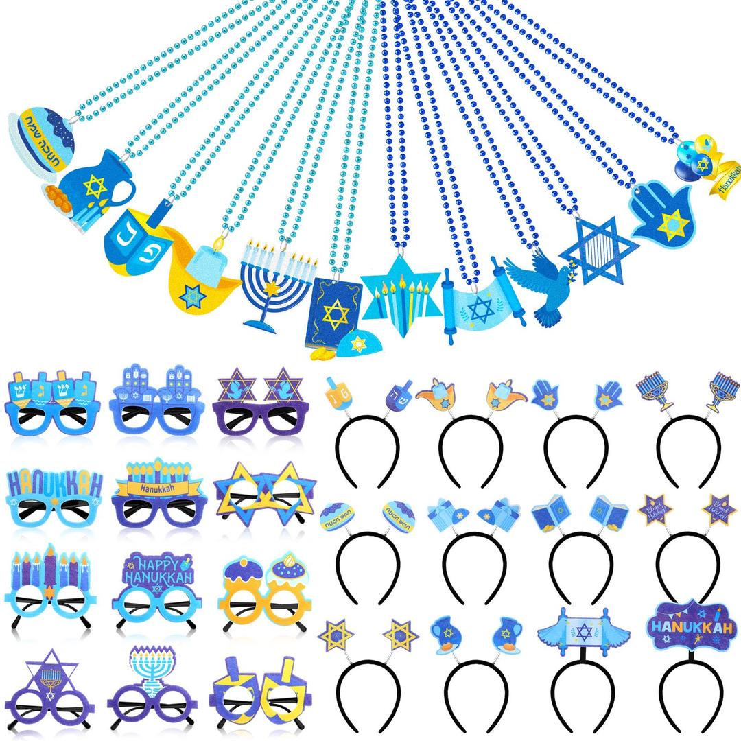 36 Pcs Hanukkah Party Favors Set with Chanukah Eyeglasses Hexagram Star Menorah Dreidel Headbands Hanukkah Bead Necklace Costume Accessories Decorations for Chanukah Party Supplies