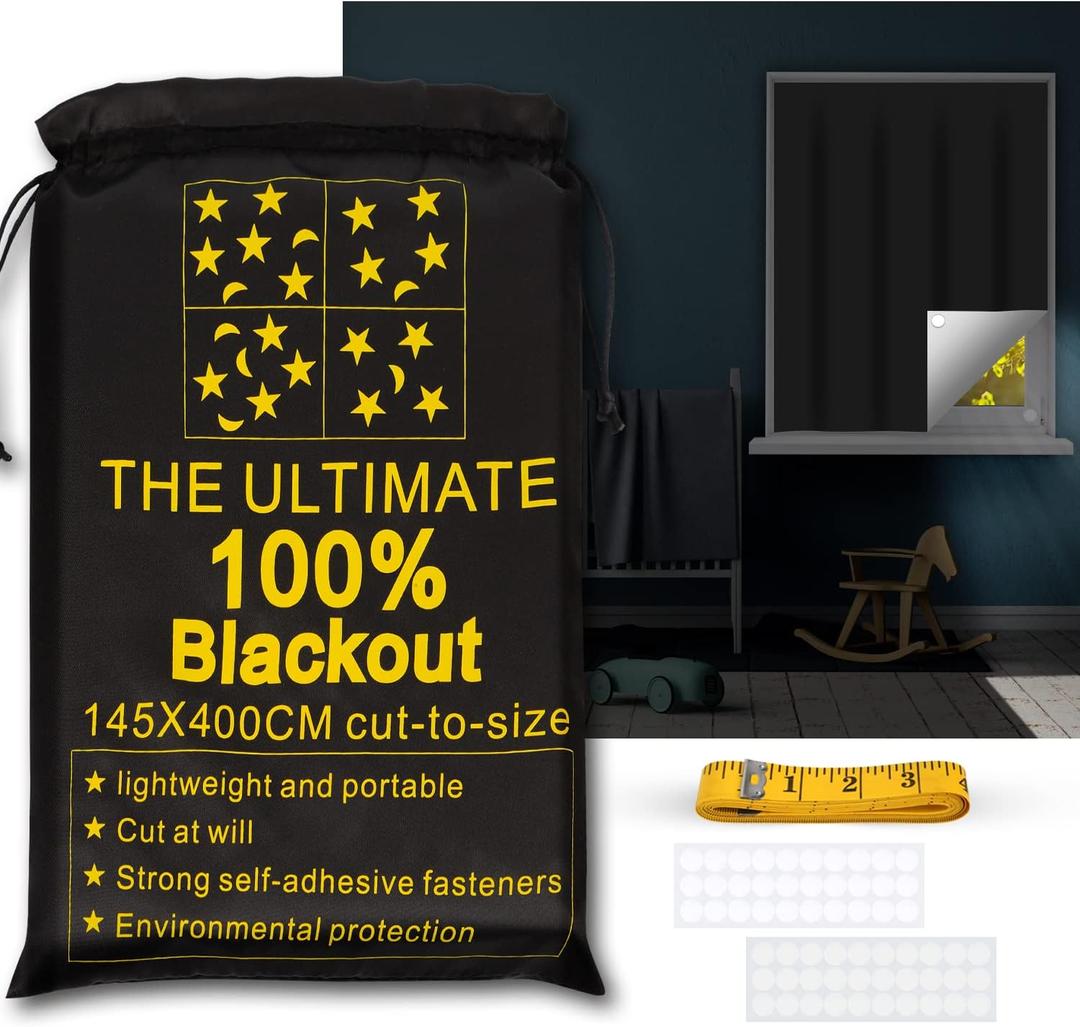 Portable Blackout Shades (157" x 57") Travel Window Blackout Curtains, 100% Blackout Material Temporary Blackout Blinds for Baby Nursery, Bedroom, Dorm Room, or Travel Use, Black